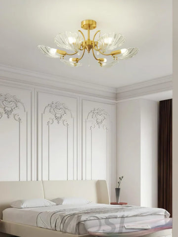 Shell Brass Ceiling Lamp with 3/6/8 heads - Lotus Leaf, Semi Flush Mounts-1-Yiosilamp