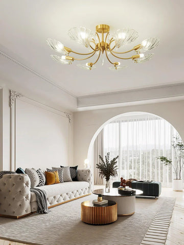Shell Brass Ceiling Lamp with 3/6/8 heads - Lotus Leaf, Semi Flush Mounts-1-Yiosilamp