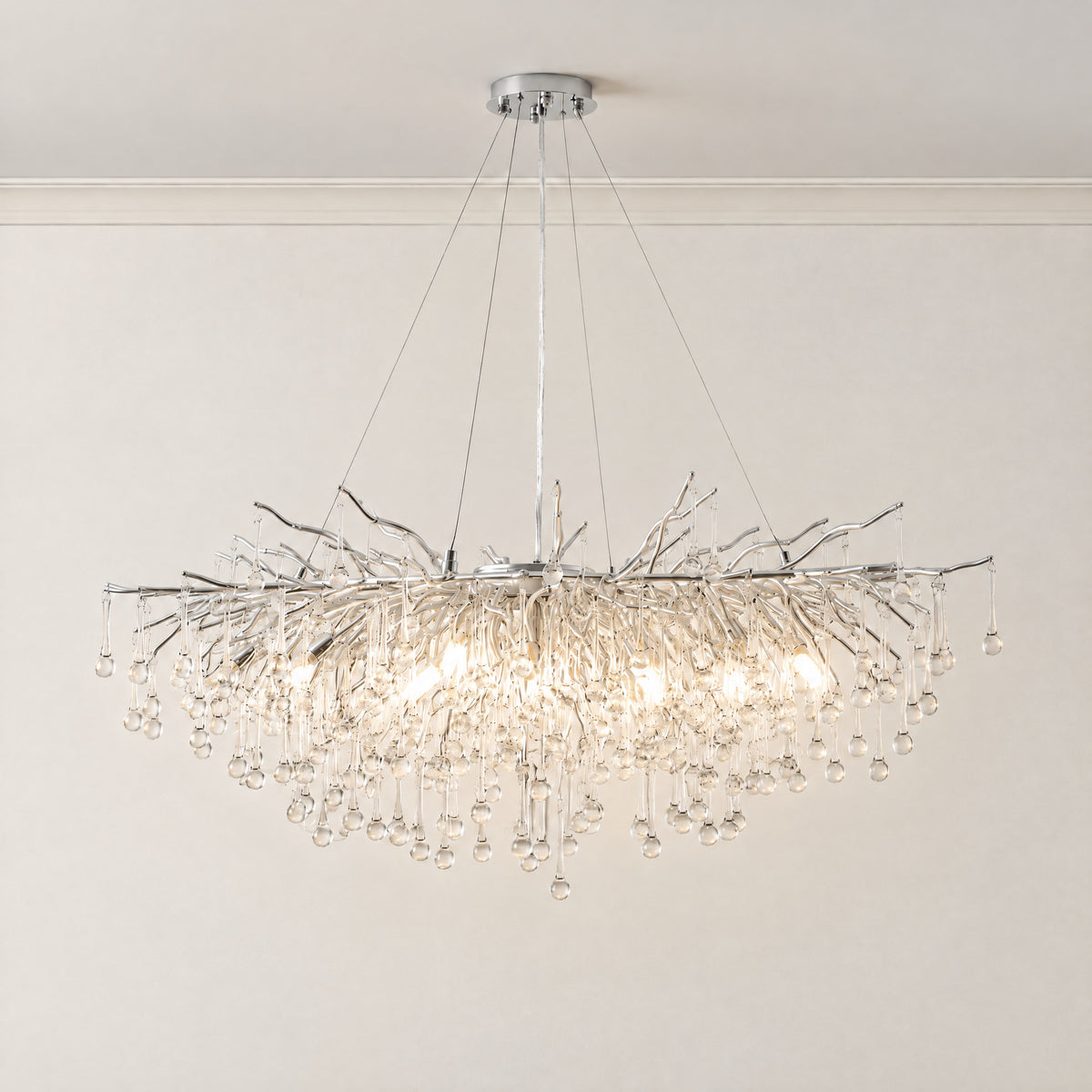 Small Water Drop Branch Rectangular Pendant 115cm - Silver