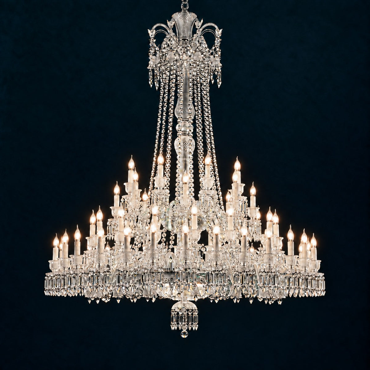 Solvanne Clear Tiered Crystal 64-Light Chandelier 63" on a deep teal-blue wall