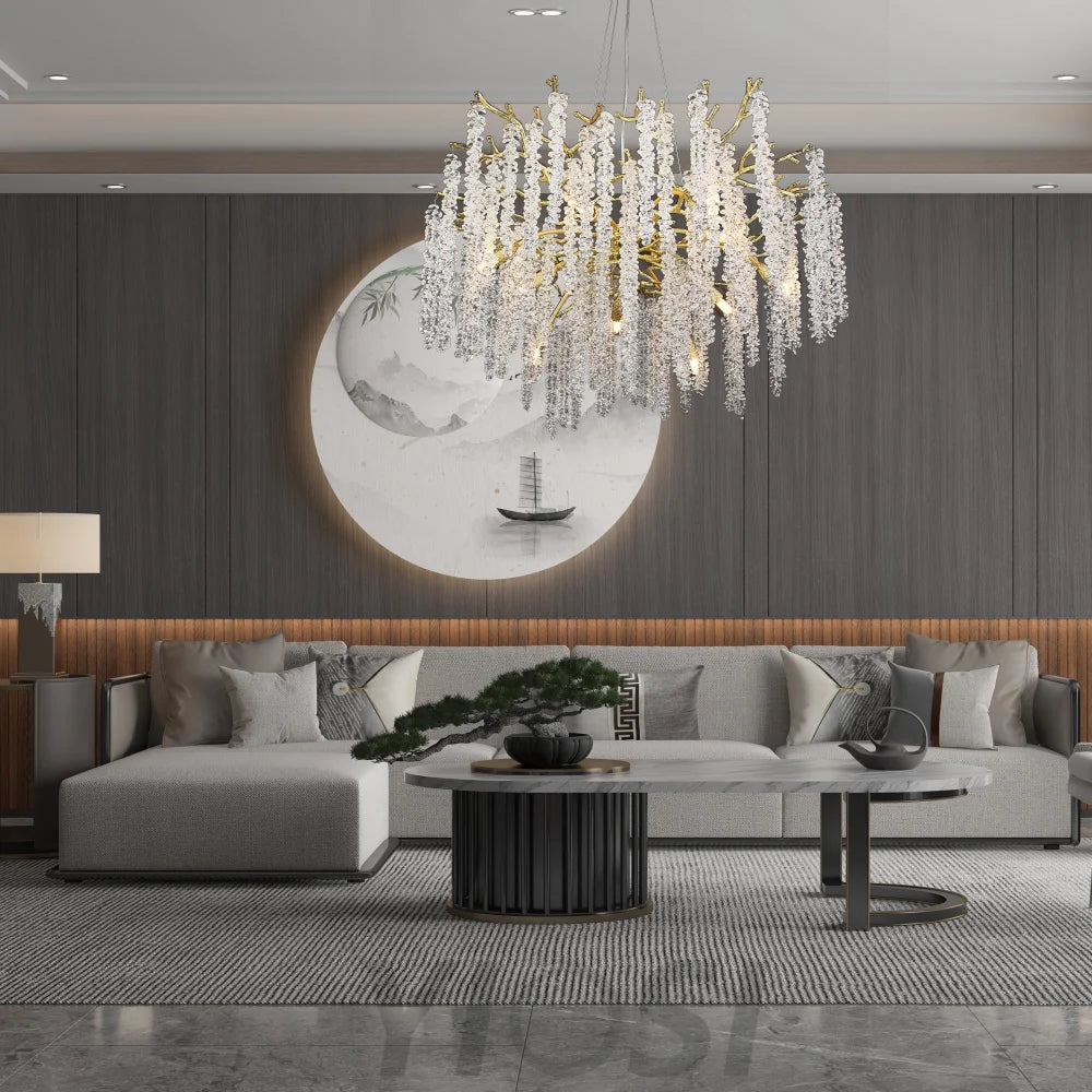 Sunniva Modern Gold Coin Crystal Round Branch Chandelier For Living Room