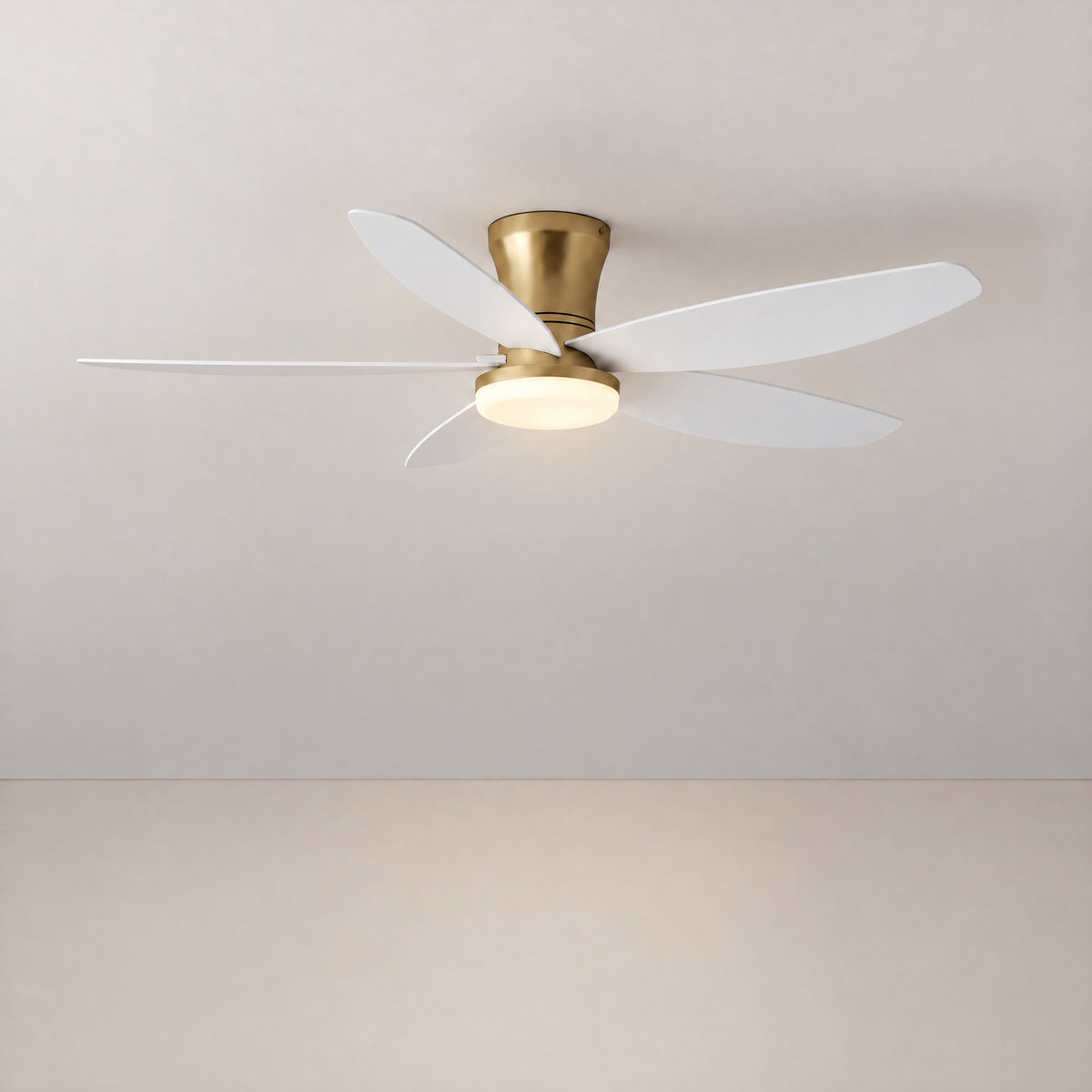 Swept Blade Flush Mount Ceiling Fan with LED Disc Light – lights on