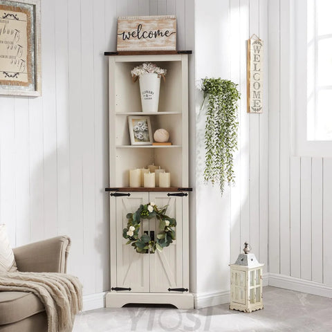 OKD Tall Corner Cabinet Farmhouse Storage Cabinet with Barn Door