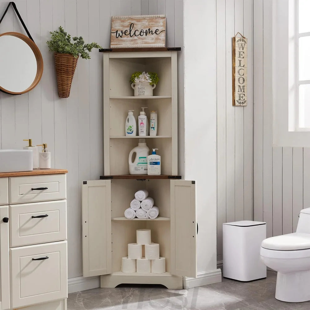 OKD Tall Corner Cabinet Farmhouse Storage Cabinet with Barn Door
