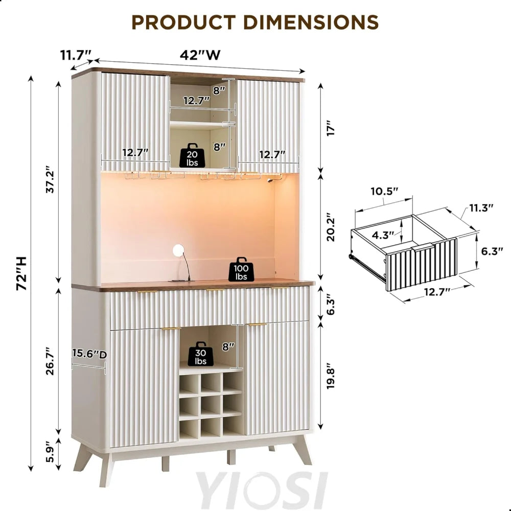 72" Tall Wine Bar Cabinet with Hutch, LED Lights & Storage