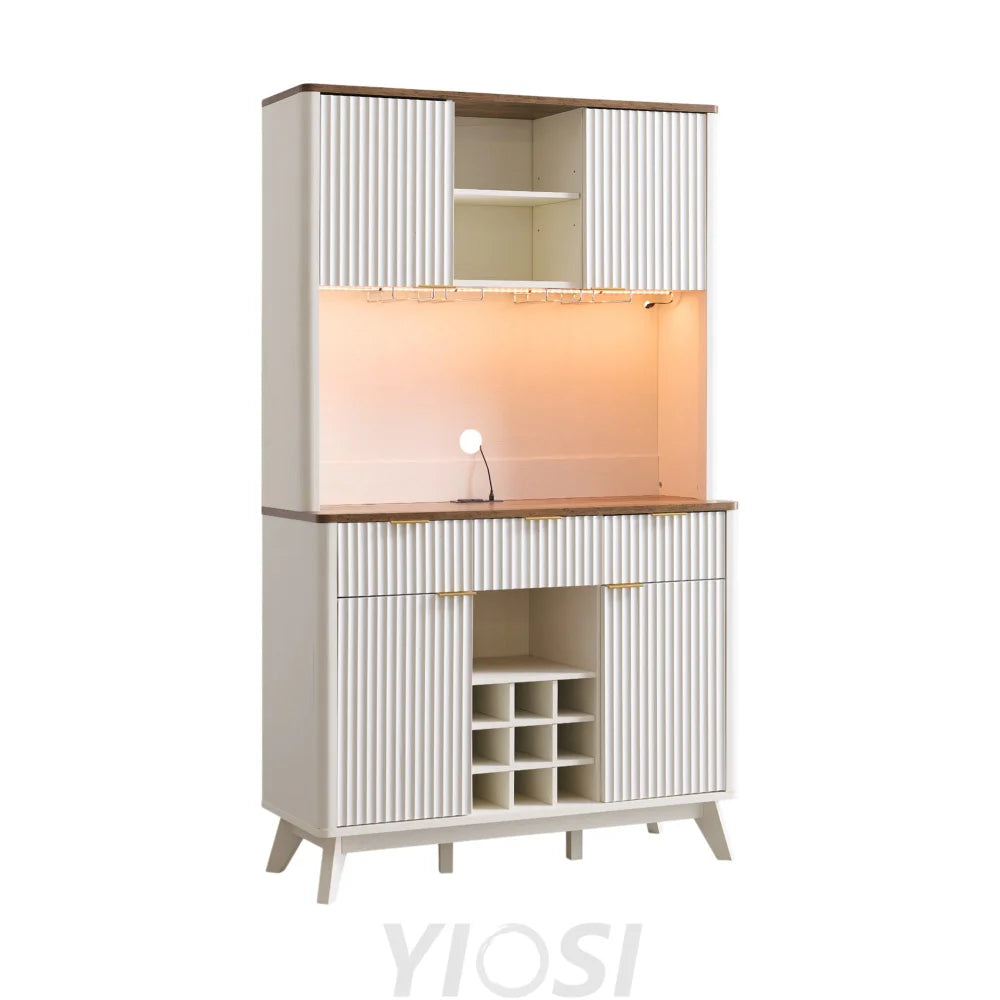 Tall Wine Bar Cabinet with Hutch LED Lights & Storage 72’’