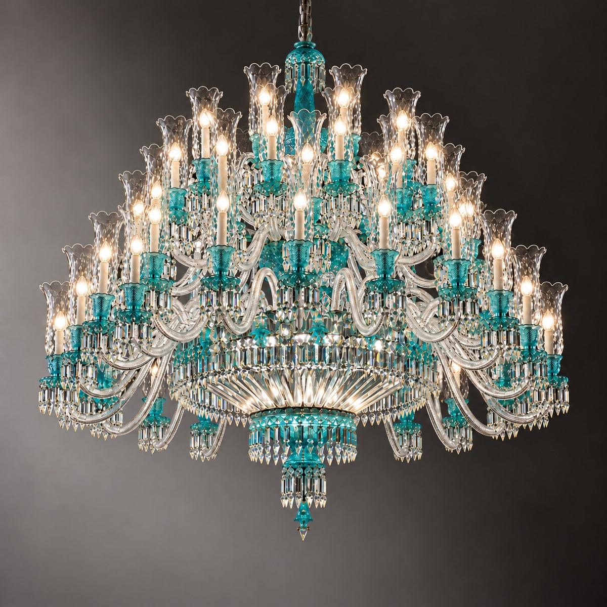 Ternova Teal Tiered Glass 91-Light Chandelier 78.7" on a dark olive wall