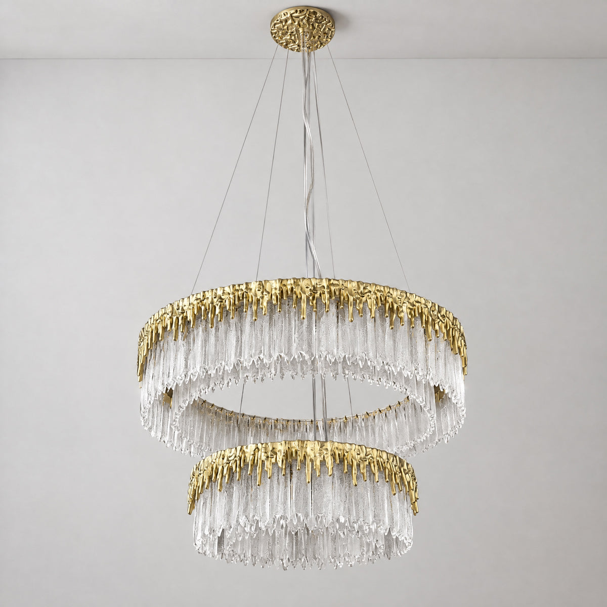 Textured Glass and Satin Gold Double-Tier Chandelier – lights off