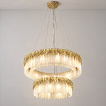 Textured Glass and Satin Gold Double-Tier Chandelier – lights on