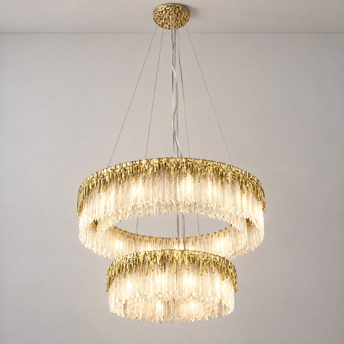 Textured Glass and Satin Gold Double-Tier Chandelier – lights on