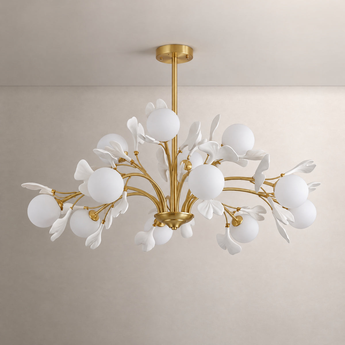 Modern Chandelier Gold Metal and White Ceramic Ginkgo Leaf for Dining Room – lights off