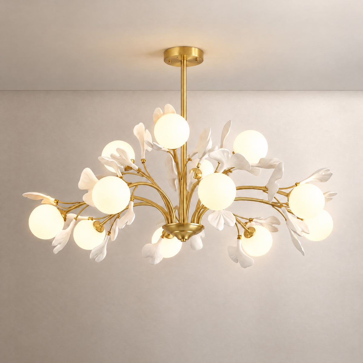 Modern Chandelier Gold Metal and White Ceramic Ginkgo Leaf for Dining Room – lights on