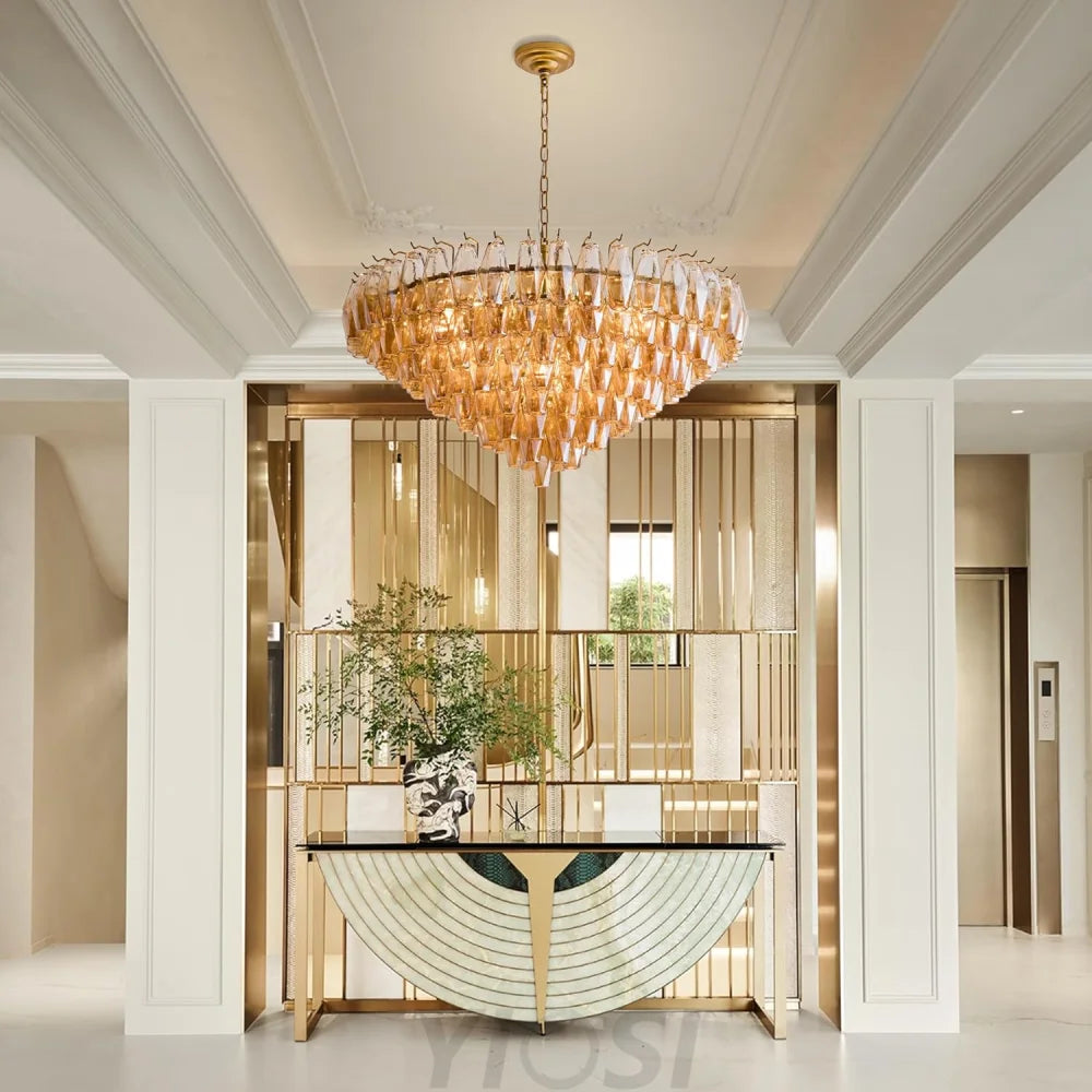 Tiered Smoke Blown Glass Brass Chandeliers