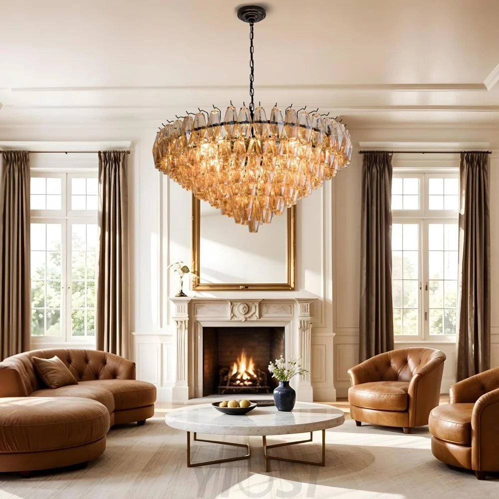 Tiered Smoke Blown Glass Brass Chandeliers