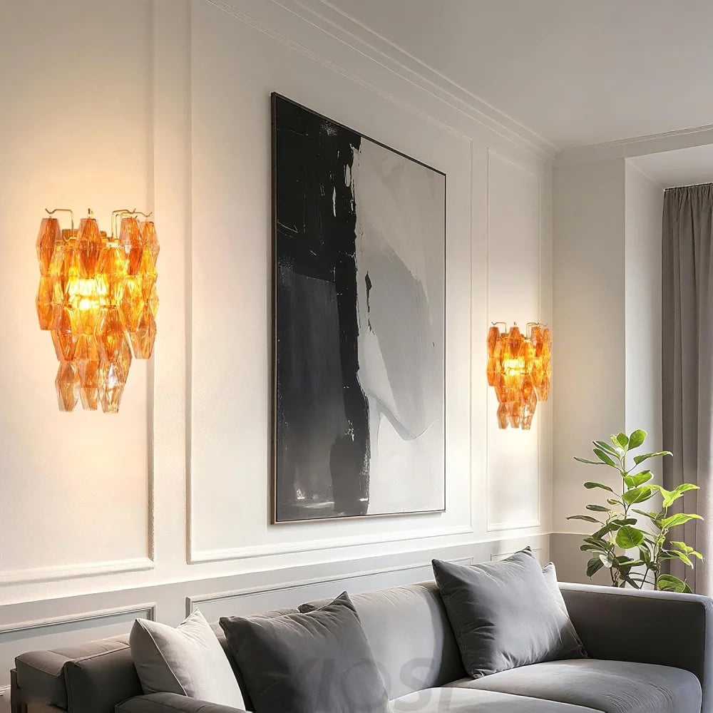 Tiered Smoke Blown Glass Brass Chandeliers