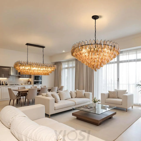 Tiered Smoke Blown Glass Brass Chandeliers