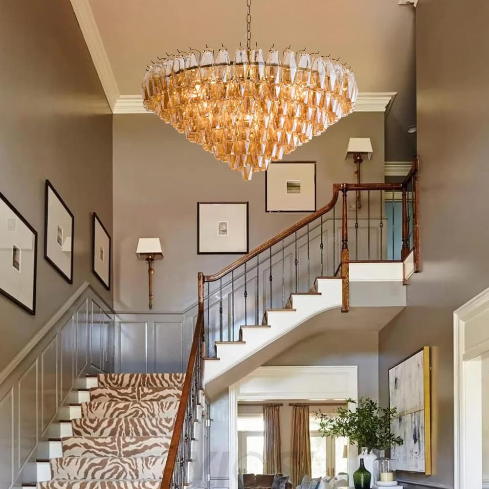 Tiered Smoke Blown Glass Brass Chandeliers