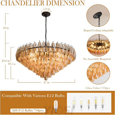 Tiered Smoke Blown Glass Brass Chandeliers