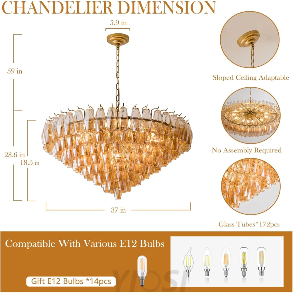 Tiered Smoke Blown Glass Brass Chandeliers