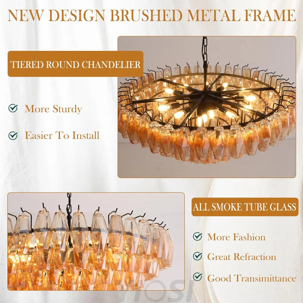 Tiered Smoke Blown Glass Brass Chandeliers