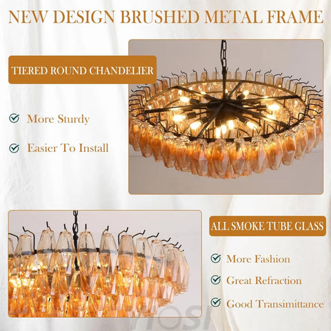 Tiered Smoke Blown Glass Brass Chandeliers