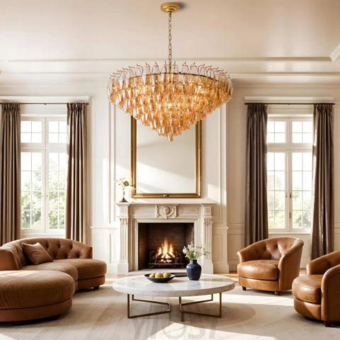 Tiered Smoke Blown Glass Brass Chandeliers