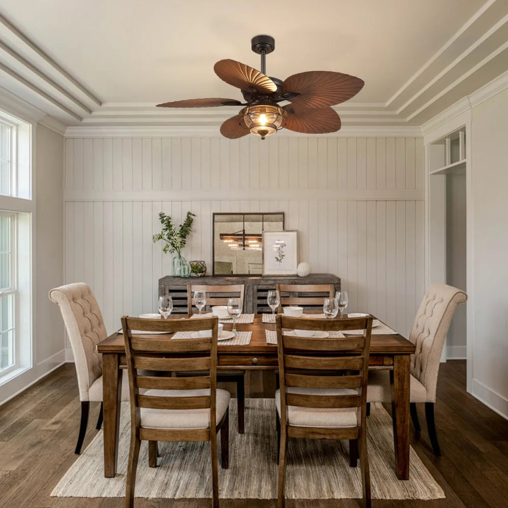 Tropical Palm Leaf Plastic Blade Ceiling Fan with Reversible Motor Ceiling Lights