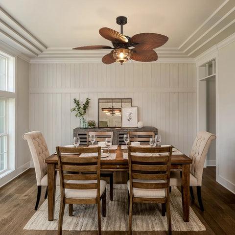 Tropical Palm Leaf Plastic Blade Ceiling Fan with Reversible Motor Ceiling Lights
