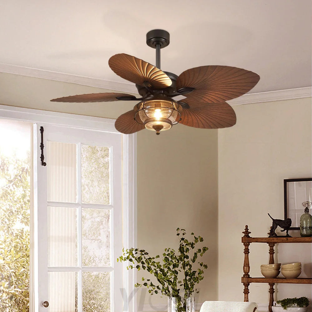 Tropical Palm Leaf Plastic Blade Ceiling Fan with Reversible Motor Ceiling Lights