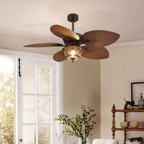 Tropical Palm Leaf Plastic Blade Ceiling Fan with Reversible Motor Ceiling Lights