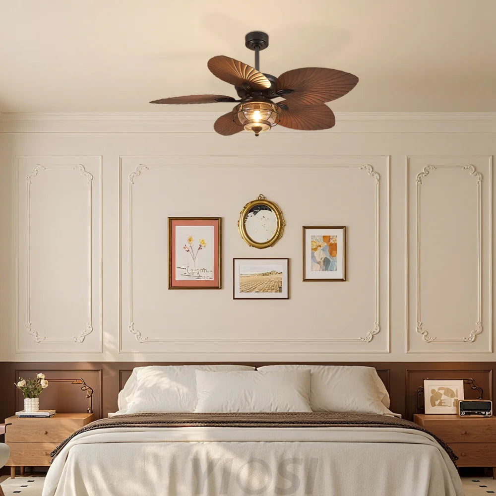 Tropical Palm Leaf Plastic Blade Ceiling Fan with Reversible Motor Ceiling Lights