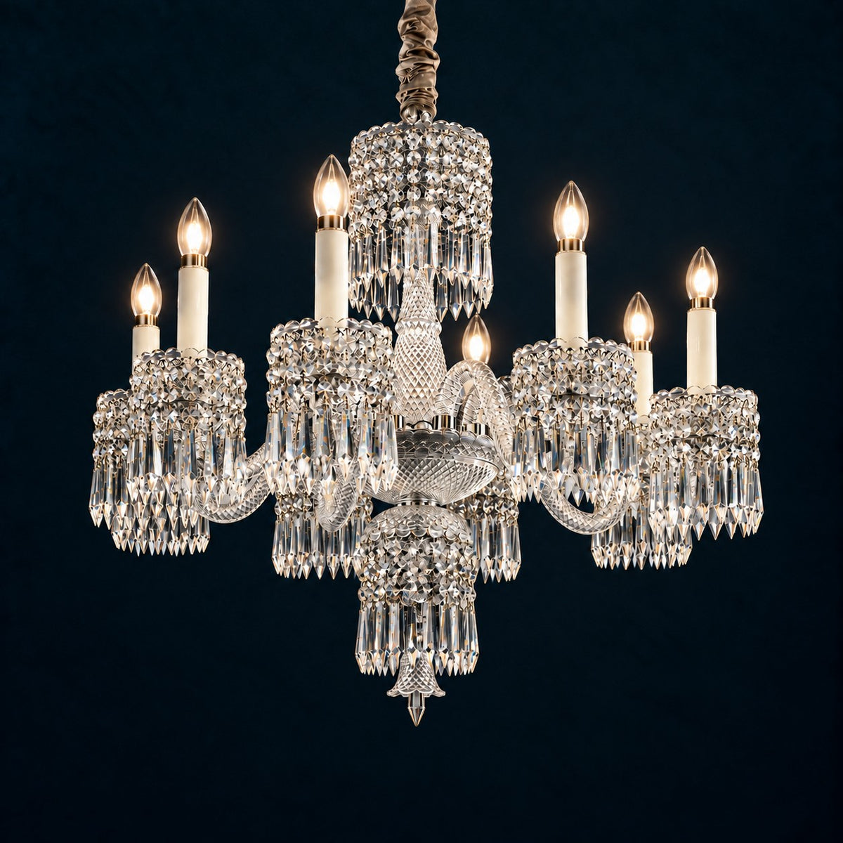 Ursella Clear Curved Crystal 8-Light Chandelier 28.3" on a deep teal-blue wall
