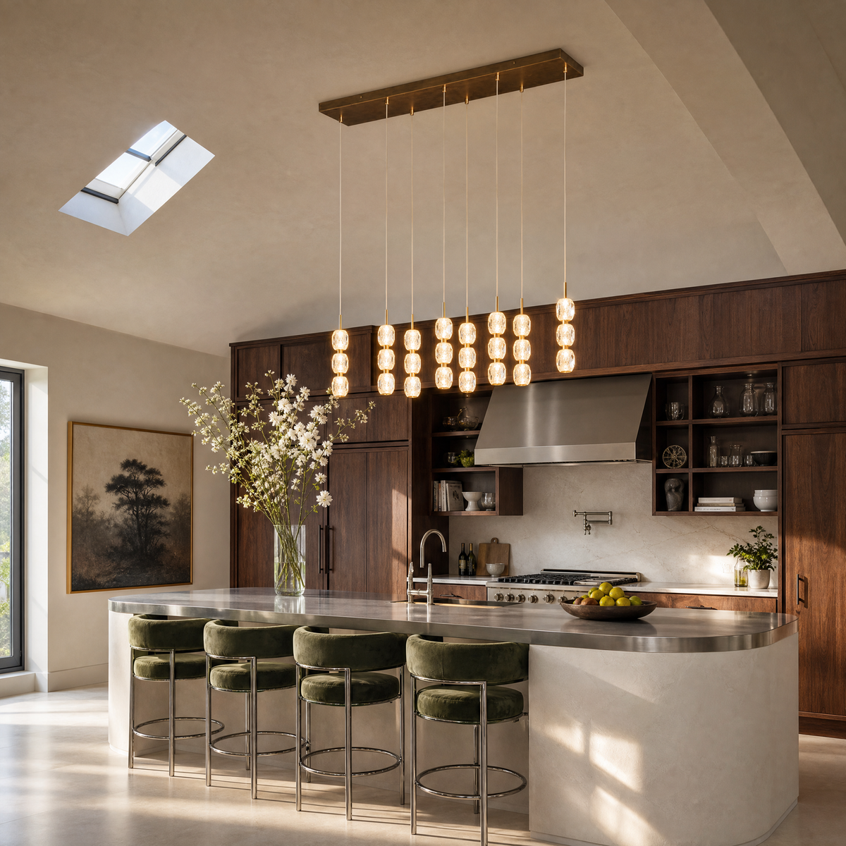 Modern Pendant Light Brushed Brass Clear Crystal 31.5" L for Dining Room