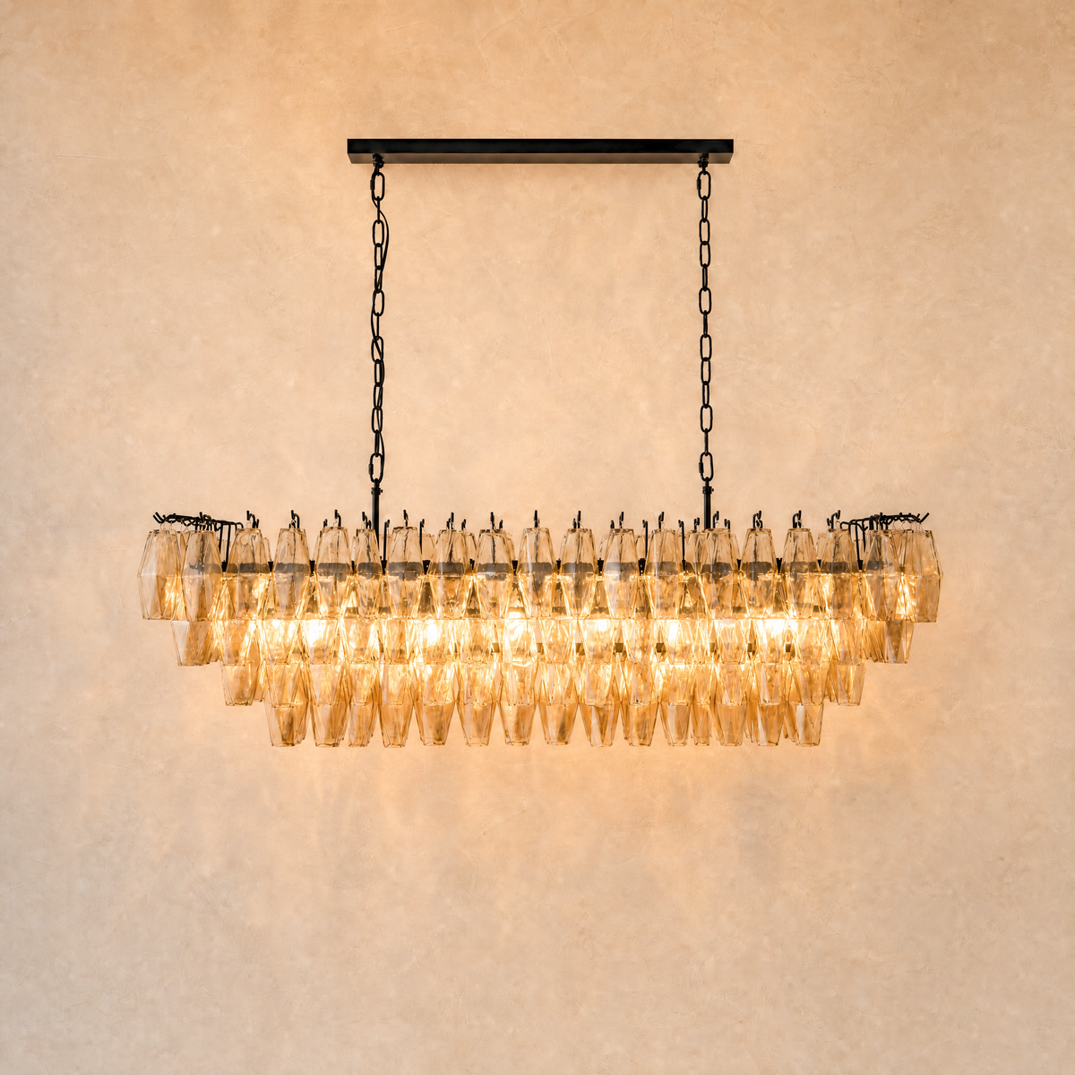 54" Modern Black Rectangular Smoke Amber Glass Chandelier