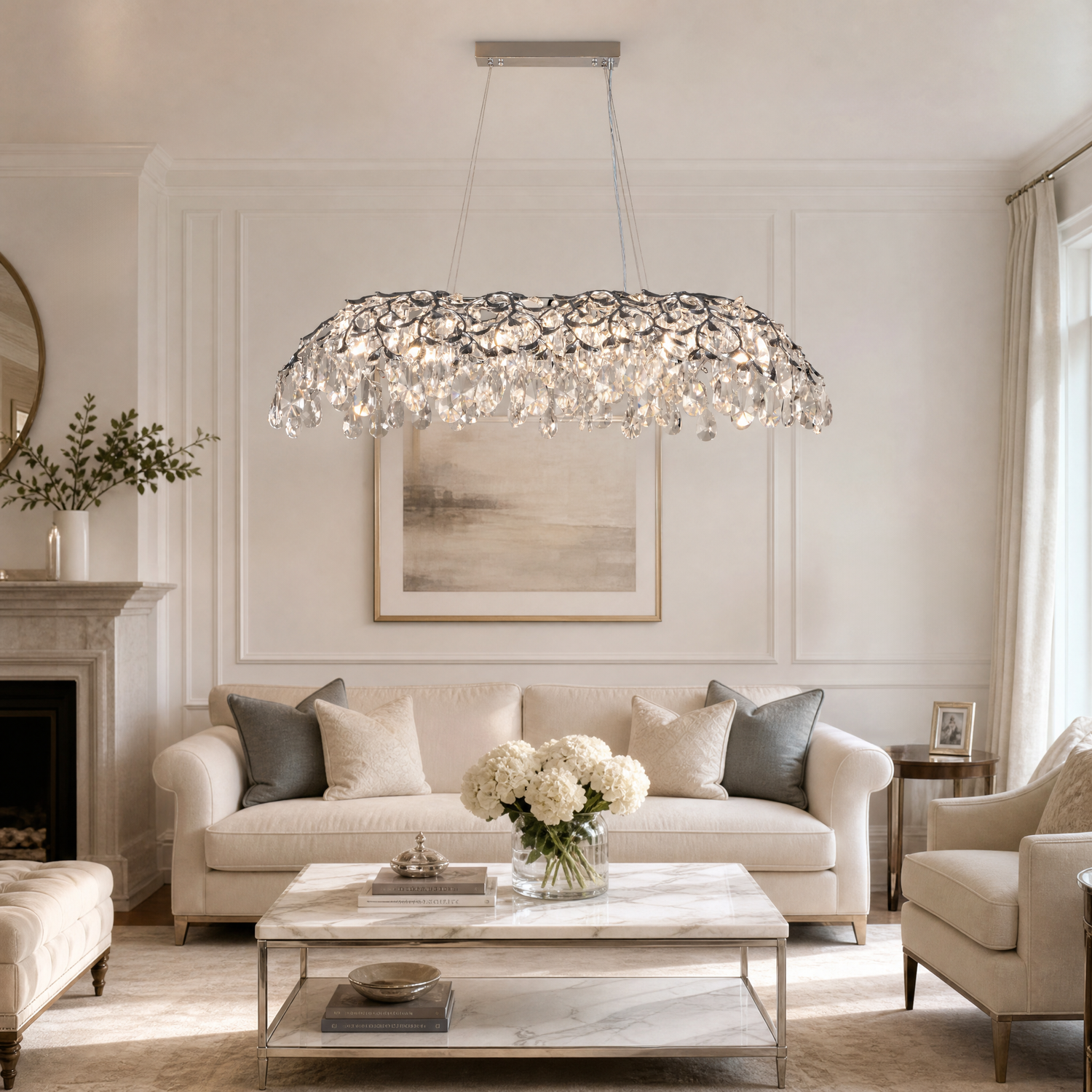 Rectangular Pear Dome Downward Branch Chandelier 1100 - Silver