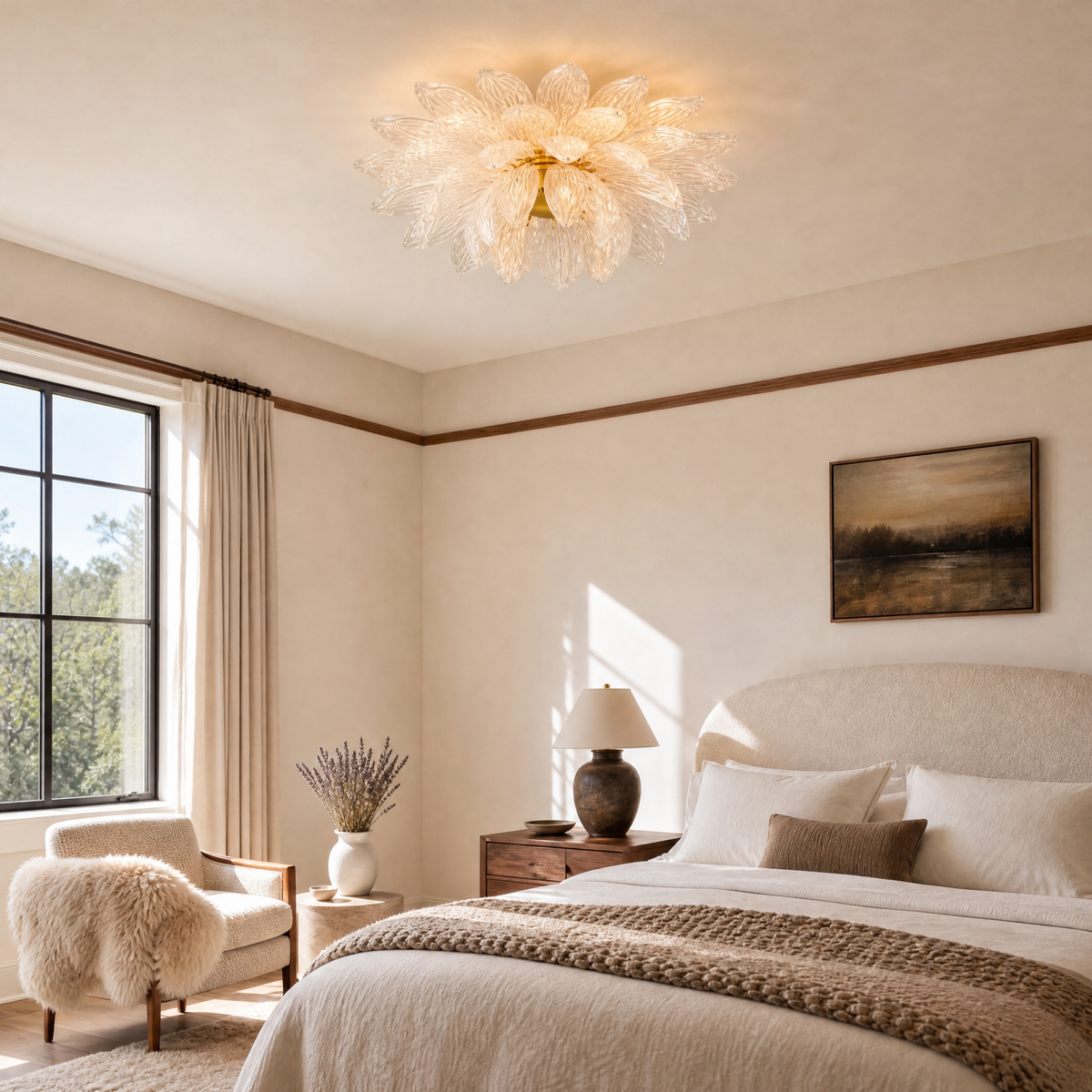 Modern Flush Mount Brass Textured Glass 3-Light Ø31.5" for Bedroom