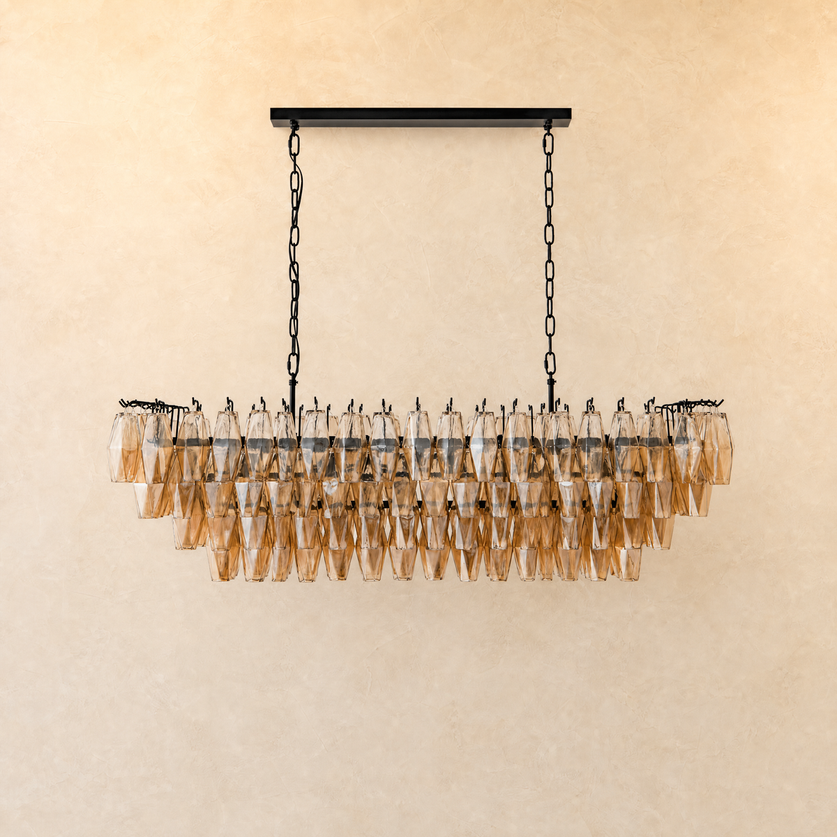 54" Modern Black Rectangular Smoke Amber Glass Chandelier
