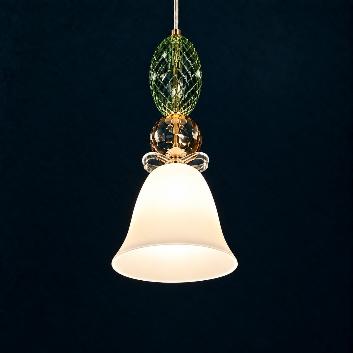 Verdona Green Amber Glass 1-Light Pendant Light 13.8" on a deep teal-blue wall