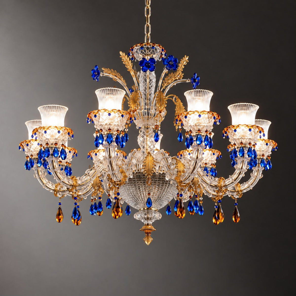 Vibrena Blue Amber Glass 10-Light Chandelier 49.2" on a dark olive wall