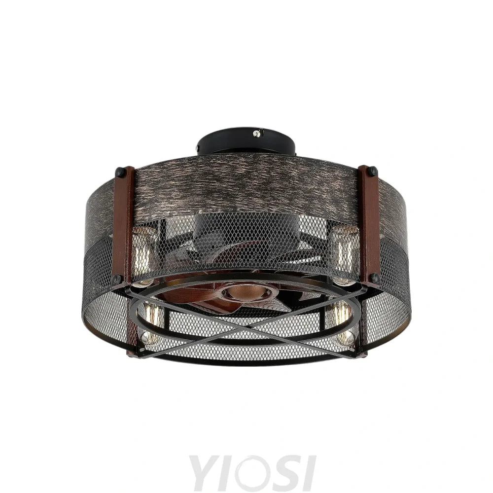 Vintage 19’’ Flush Mount Ceiling Fan with Cage Design and Remote Control Ceiling Lights