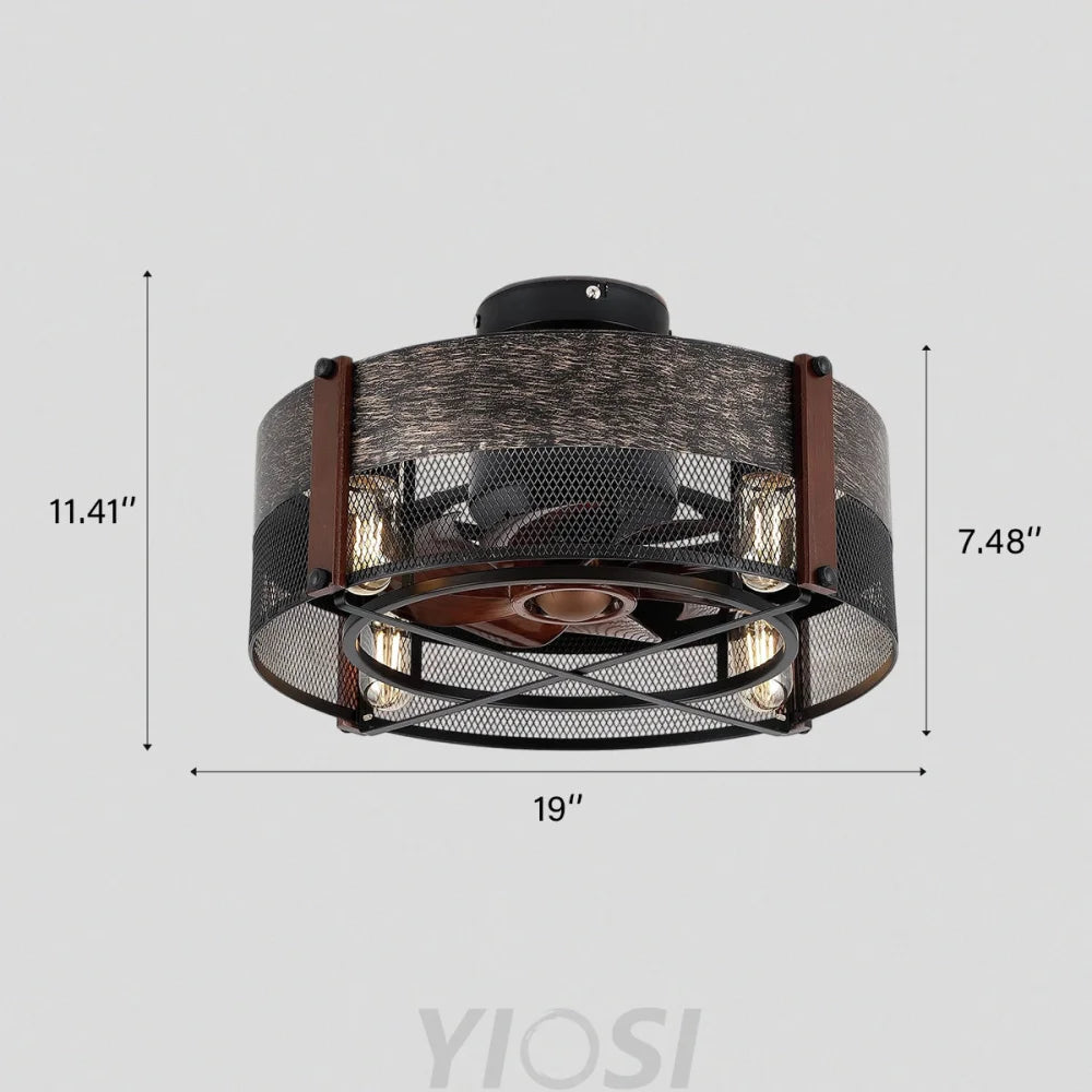 Vintage 19’’ Flush Mount Ceiling Fan with Cage Design and Remote Control Ceiling Lights