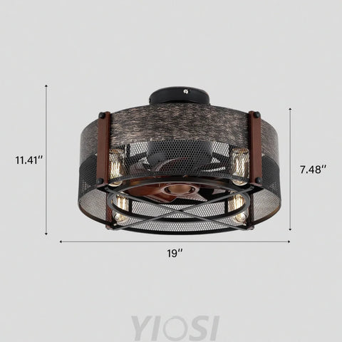 Vintage 19’’ Flush Mount Ceiling Fan with Cage Design and Remote Control Ceiling Lights