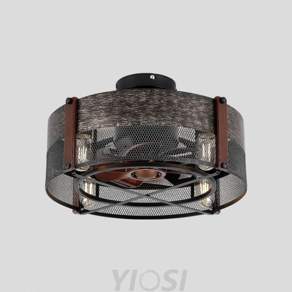 Vintage 19’’ Flush Mount Ceiling Fan with Cage Design and Remote Control Ceiling Lights