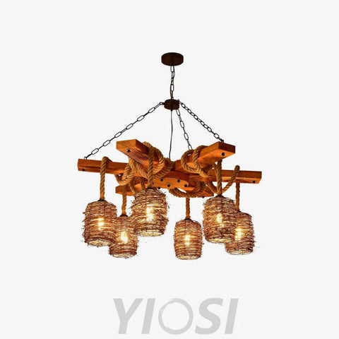 Vintage Farmhouse Chandelier with 3/6/8 heads - Black & Brown, Rattan-1-Yiosilamp