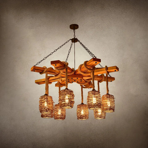 Vintage Farmhouse Chandelier with 3/6/8 heads - Black & Brown, Rattan-1-Yiosilamp