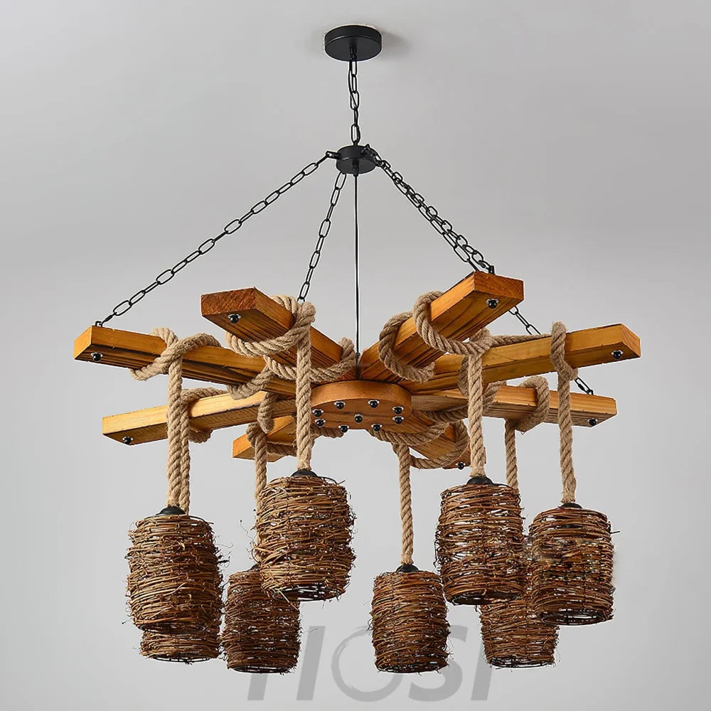 Vintage Farmhouse Chandelier with 3/6/8 heads - Black & Brown, Rattan-1-Yiosilamp