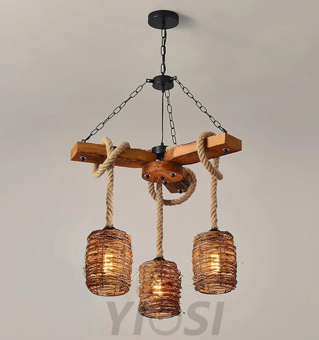 Vintage Farmhouse Chandelier with 3/6/8 heads - Black & Brown, Rattan-1-Yiosilamp