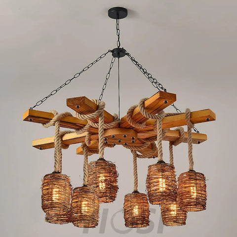 Vintage Farmhouse Chandelier with 3/6/8 heads - Black & Brown, Rattan-1-Yiosilamp