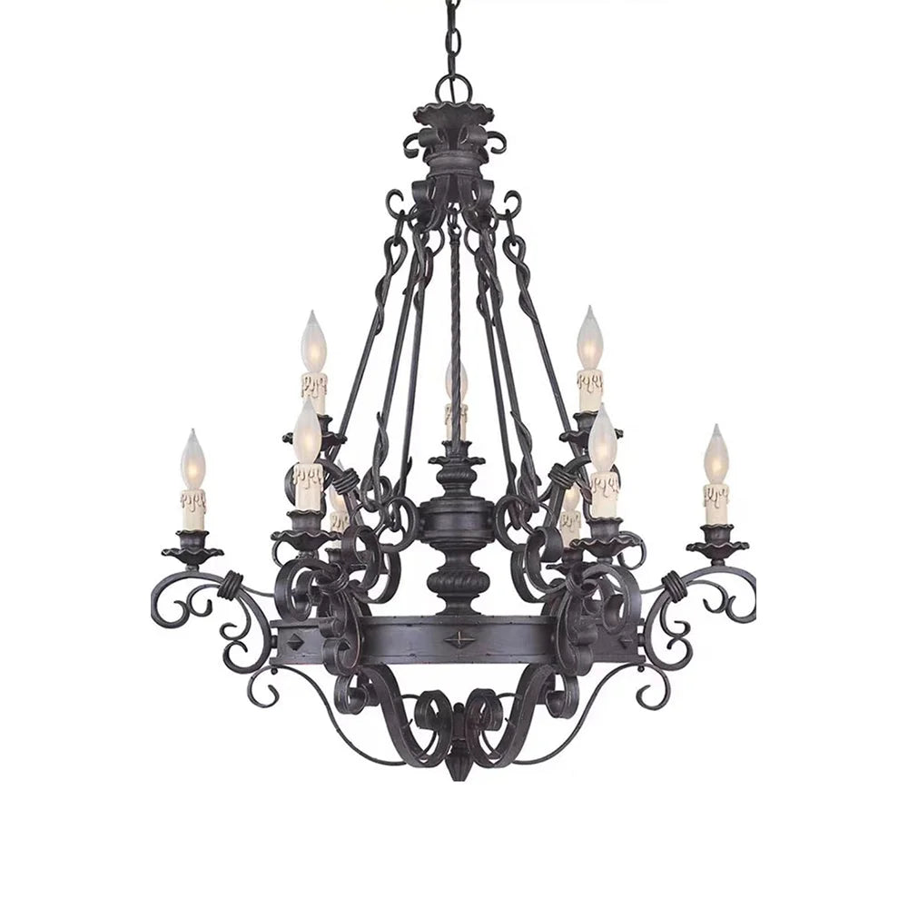 Vintage Iron Simple Candle Art Chandelier For Living Room / Villa Stairs 9 Lights: