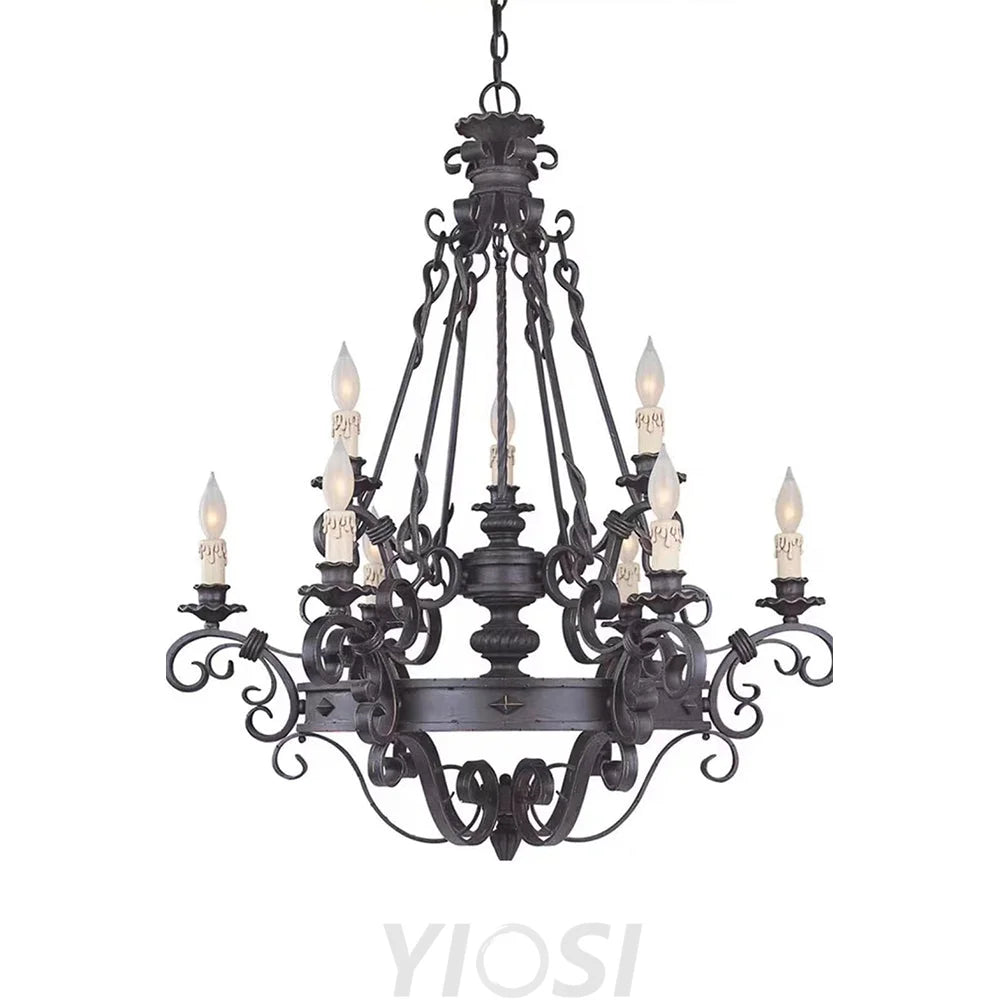 Vintage Iron Simple Candle Art Chandelier For Living Room / Villa Stairs 9 Lights: